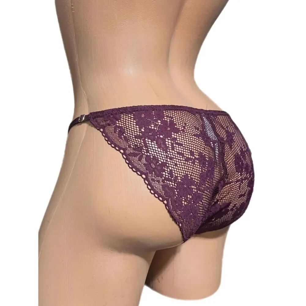 Victorias Secret sheer floral lace string bikini panty burgundy Small